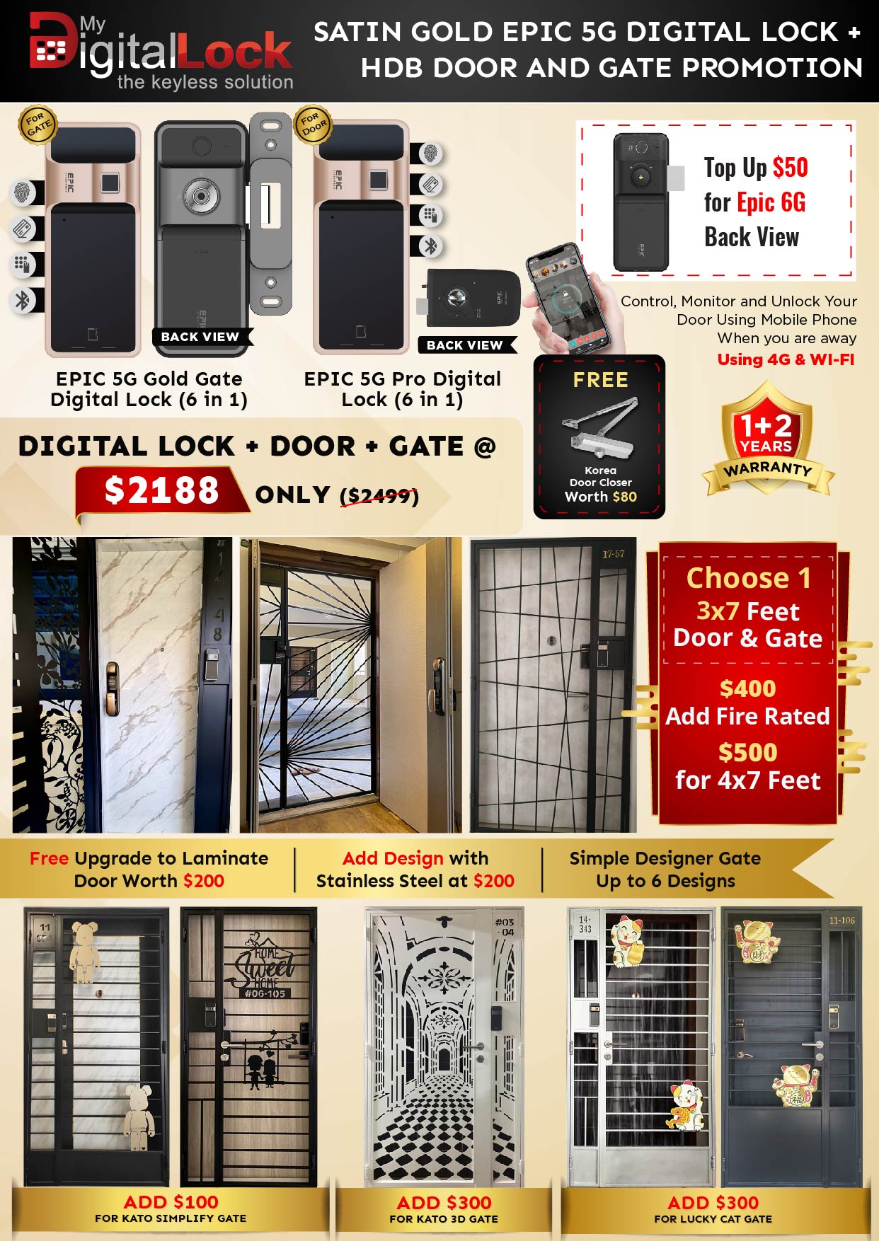 Door | Laminate HDB Bedroom Door | Satic Gold Epic 5G Digital lock 2021