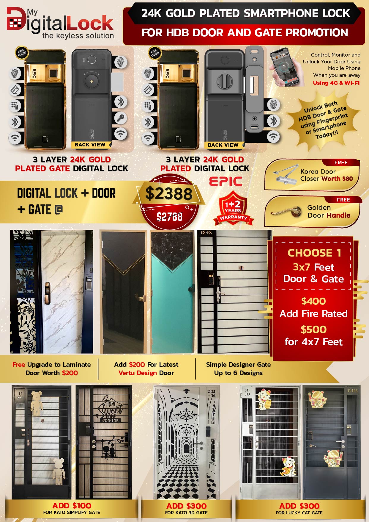 24K Gold Platted Smartphone Lock for HDB Door and Gate Promotion 2022