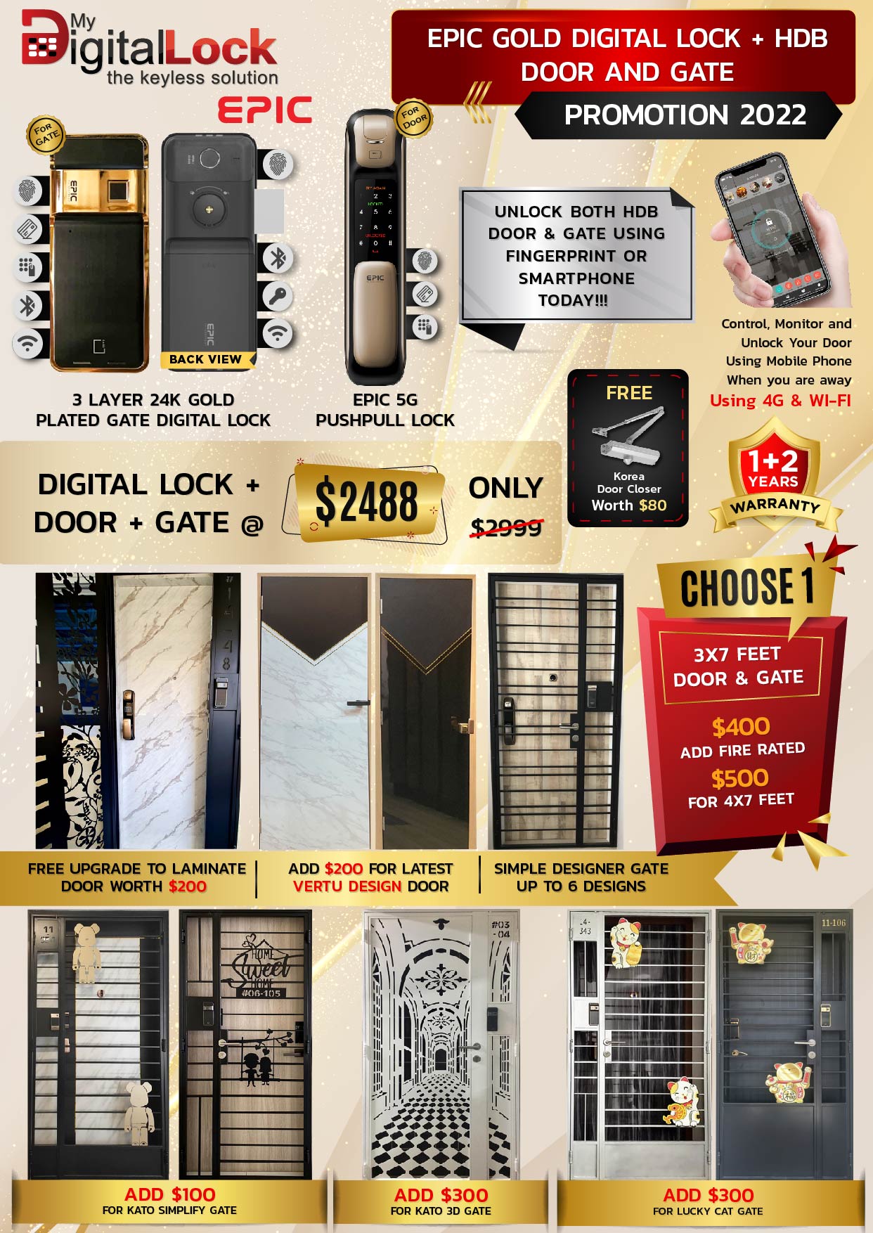 Epic Gold Digital Lock + HDB Door And Gate
