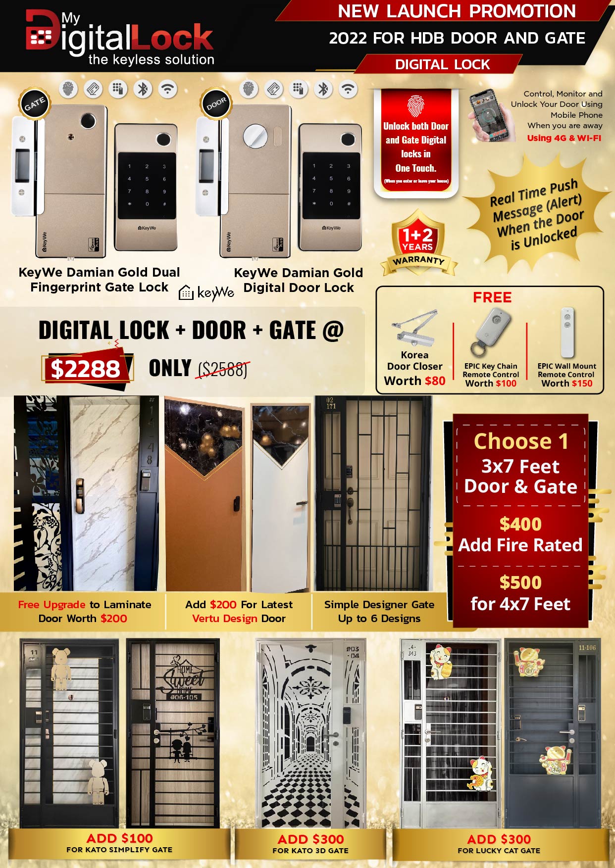 Keywe Damian Gold Dual Fingerprint Gate And Keywe Damian Gold Digital Lock