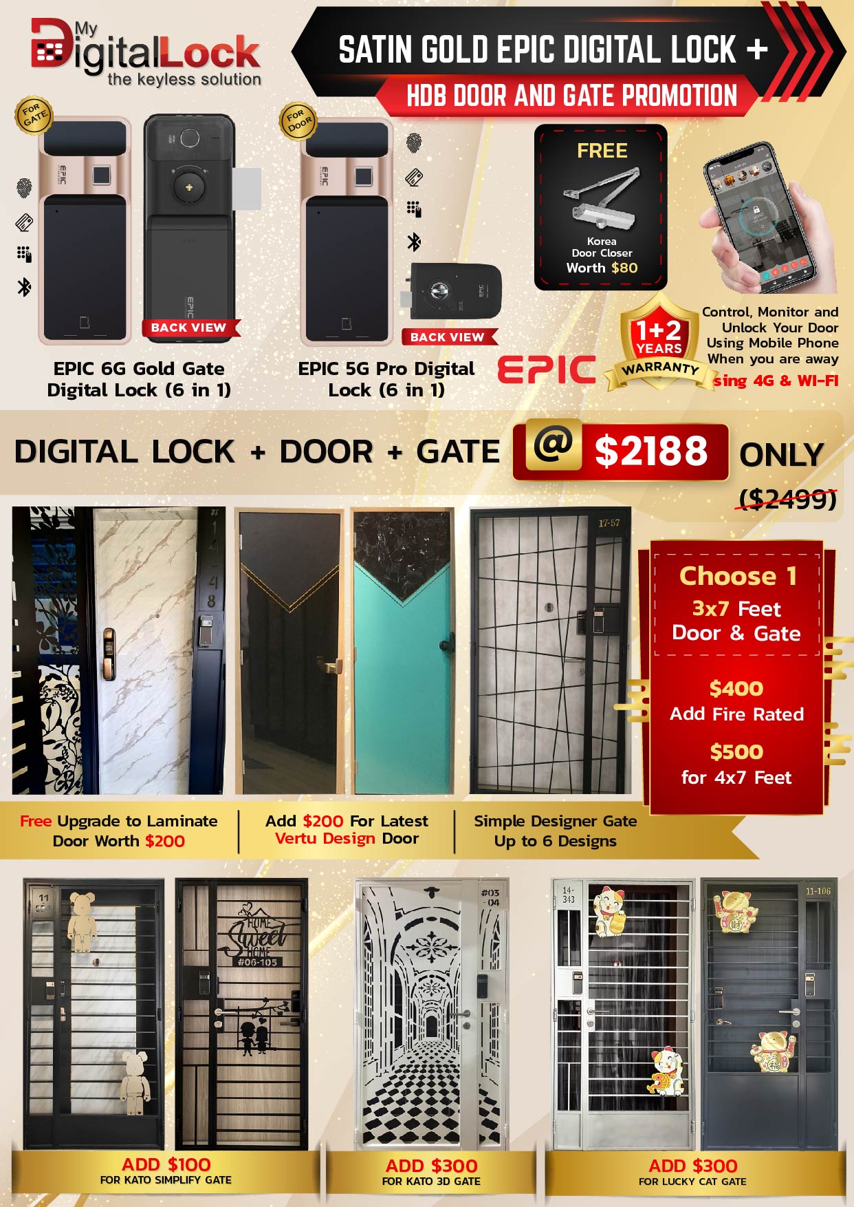 Satin Gold Epic Digital Lock + HDB Door And Gate Promotion 2022