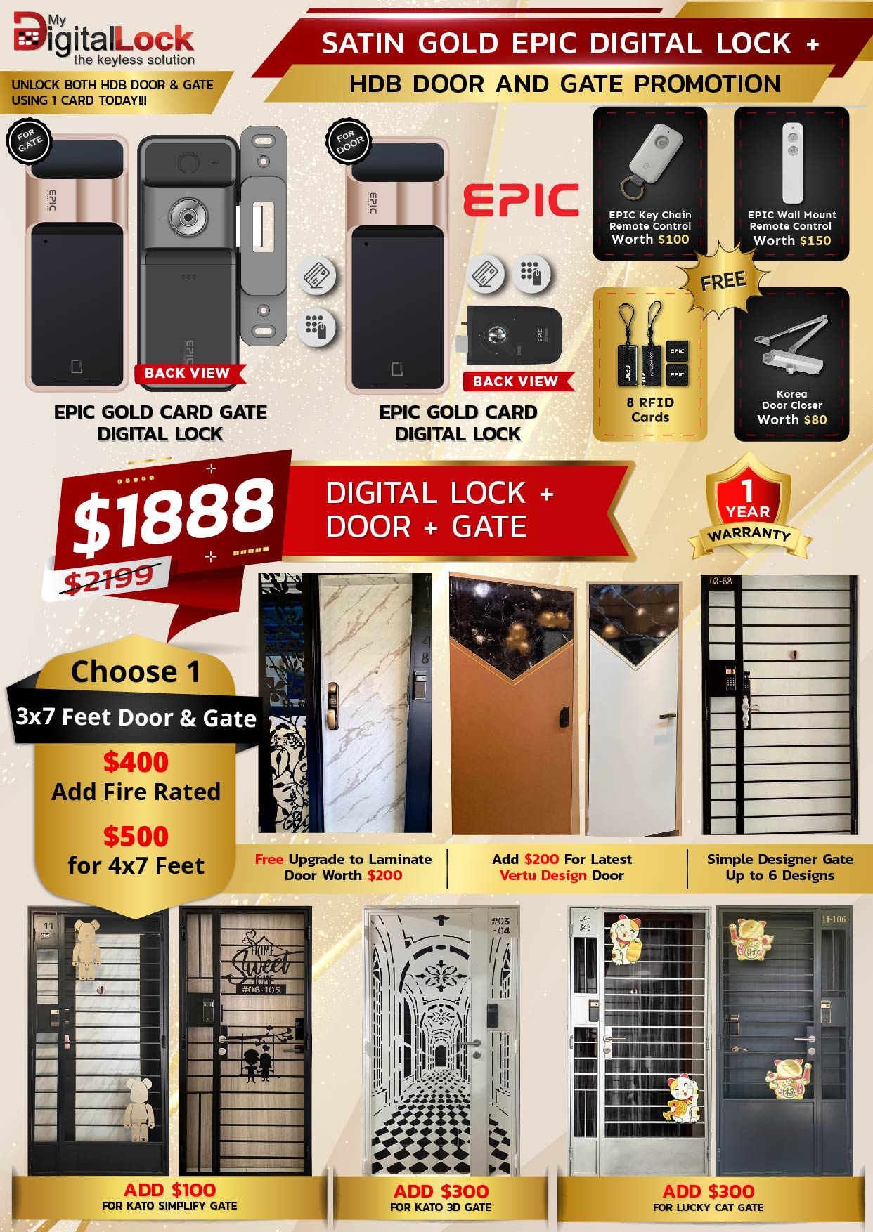 Satin Gold Epic Digital Lock + HDB Door and Gate Promotions